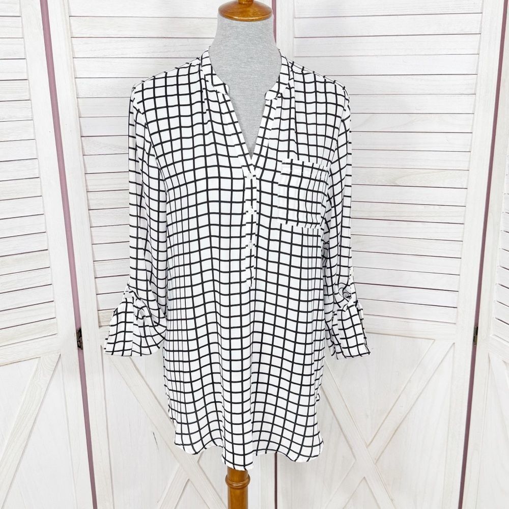 Worthington Windowpane Check Chiffon V Neck Blouse White Black Medium